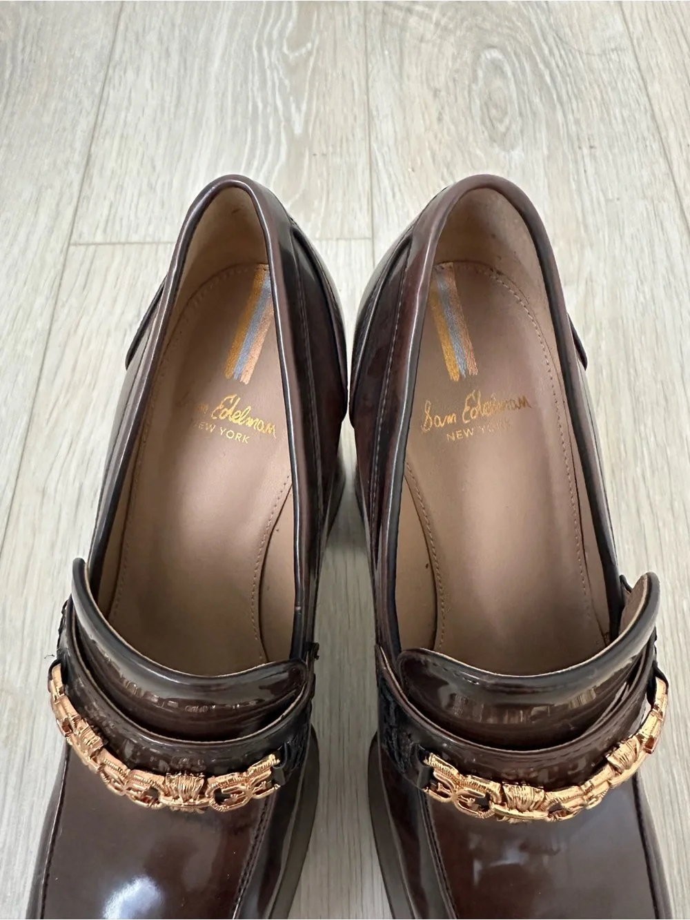 Sam Edelman Brown Patent Platform Block Heel Loafers with Gold Chain Accent